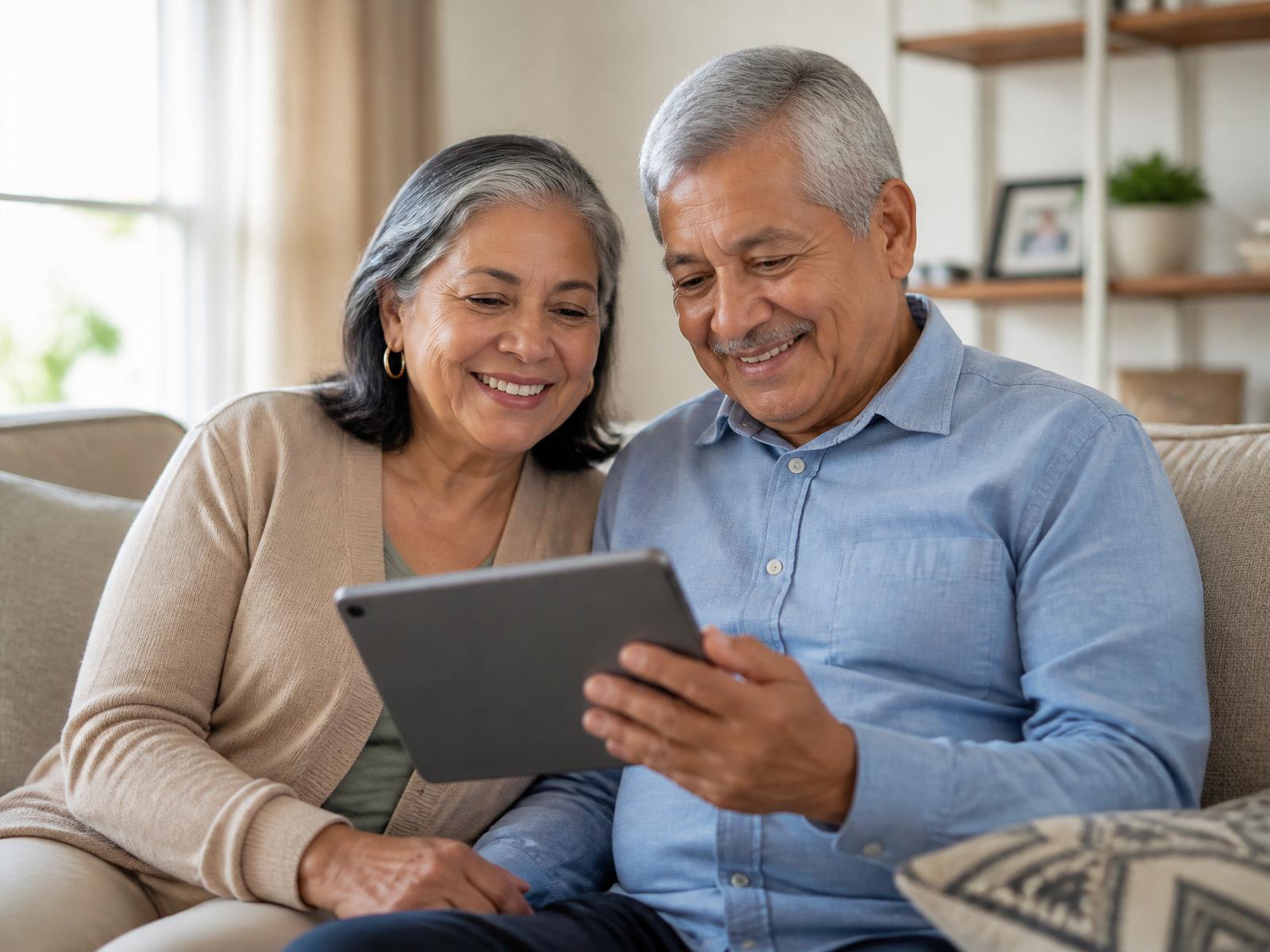 Pareja hispana disfrutando de su jubilación y aprendiendo sobre Medicare en una tableta